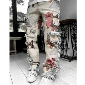 NWT Guapi Paris Butterfly Floral Tapestry Fringed Cargo Pants Size 38
